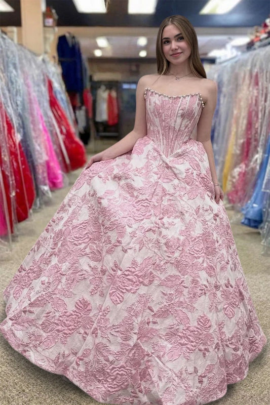 Pink - A Line Strapless Jacquard Long Prom Dresses