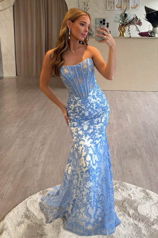 Blue - Strapless Mermaid Lace Long Prom Dresses With Beading