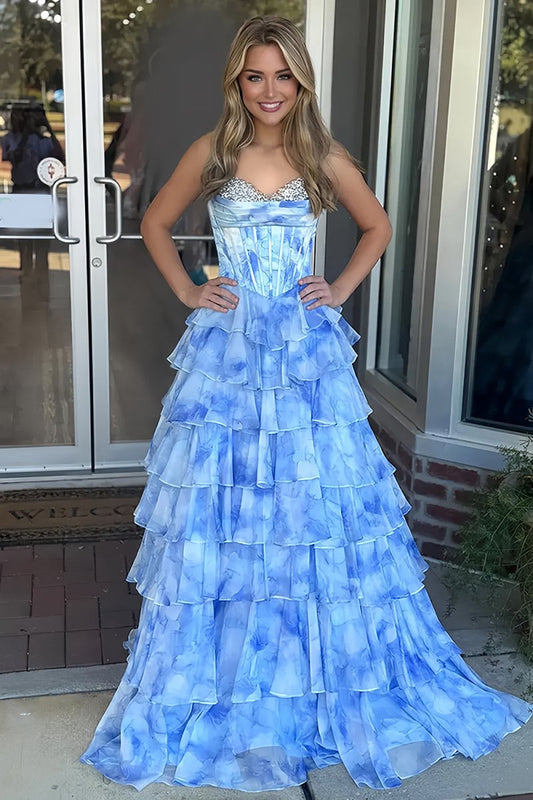 Blue - Strapless A-Line Floral Chiffon Ruffled Long Prom Dresses With Beading
