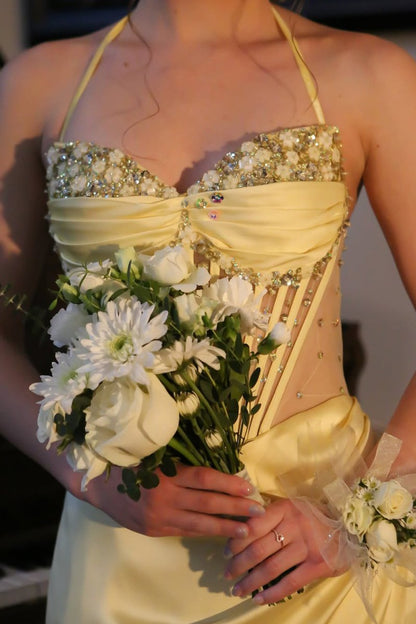 Halter Pleated Sheath Satin Long Prom Dresses With Beading