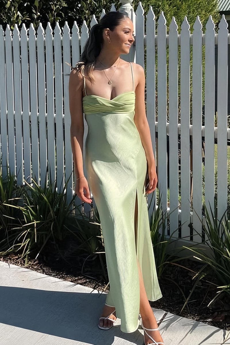 Sage - Spaghetti Straps Sheath Satin Pleated Formal Prom Dresses With Slit