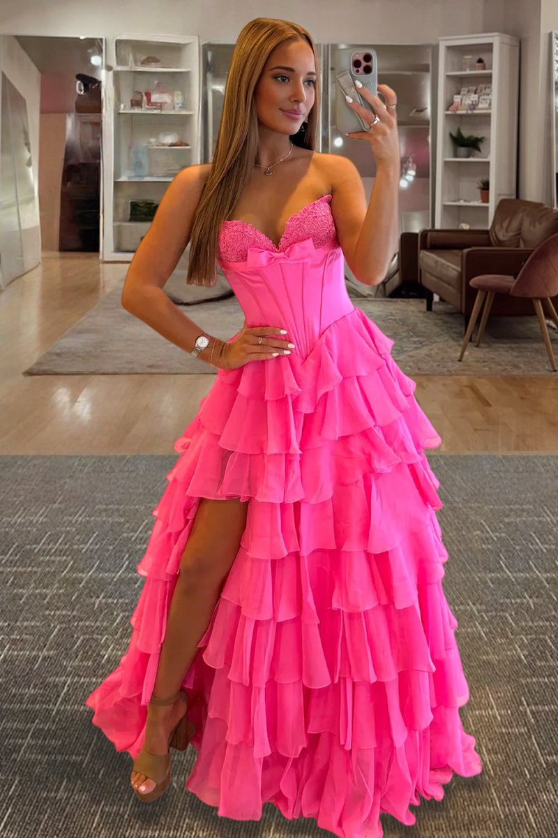 Fuchsia - A Line Strapless Chiffon Ruffled Long Formal Prom Dresses With Bow