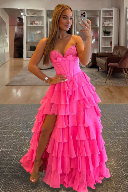 Fuchsia - A Line Strapless Chiffon Ruffled Long Formal Prom Dresses With Bow