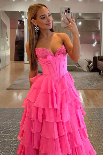 Fuchsia - A Line Strapless Chiffon Ruffled Long Formal Prom Dresses With Bow