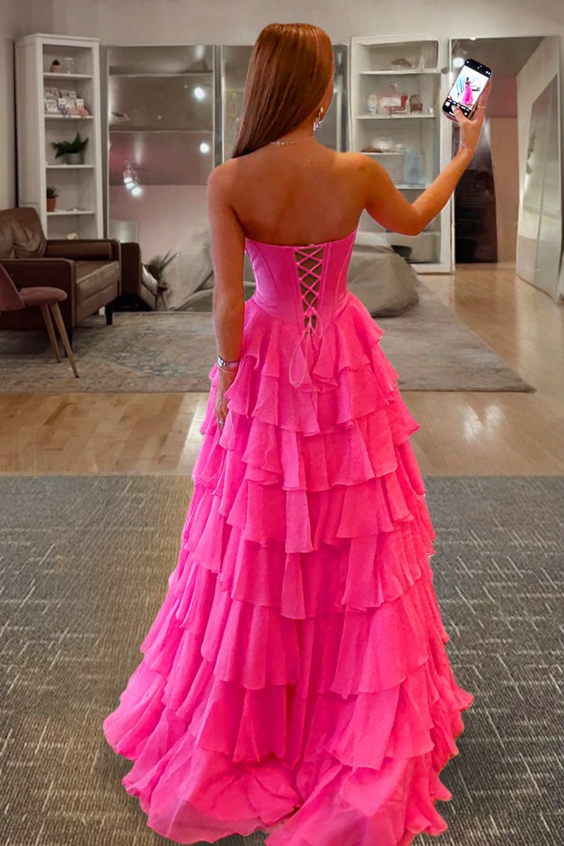 Fuchsia - A Line Strapless Chiffon Ruffled Long Formal Prom Dresses With Bow
