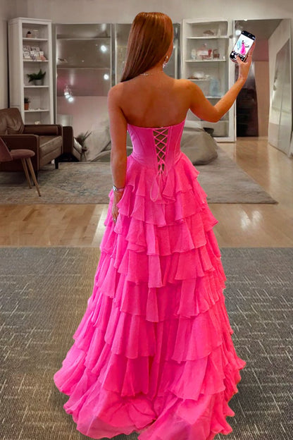 Fuchsia - A Line Strapless Chiffon Ruffled Long Formal Prom Dresses With Bow