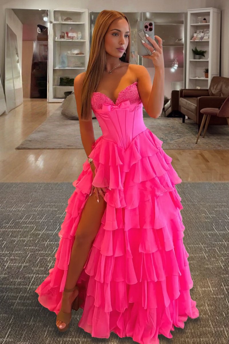 Fuchsia - A Line Strapless Chiffon Ruffled Long Formal Prom Dresses With Bow