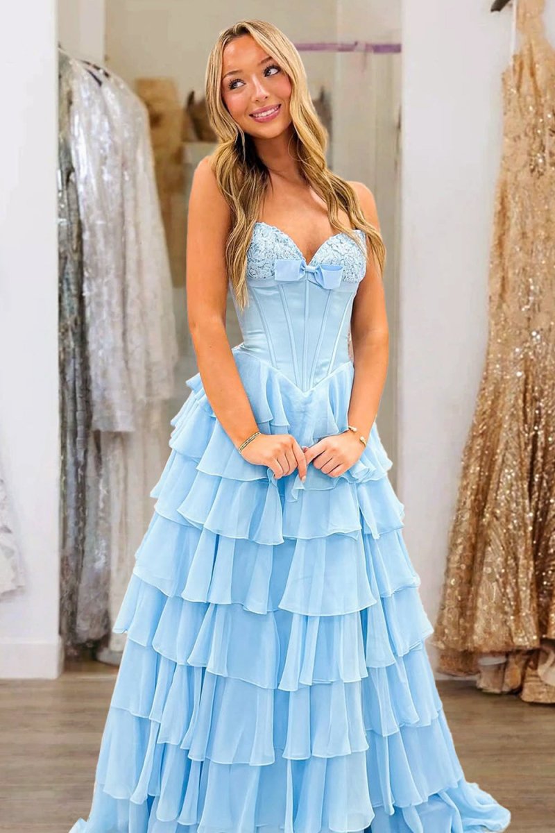 Fuchsia - A Line Strapless Chiffon Ruffled Long Formal Prom Dresses With Bow