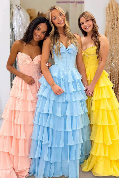Fuchsia - A Line Strapless Chiffon Ruffled Long Formal Prom Dresses With Bow