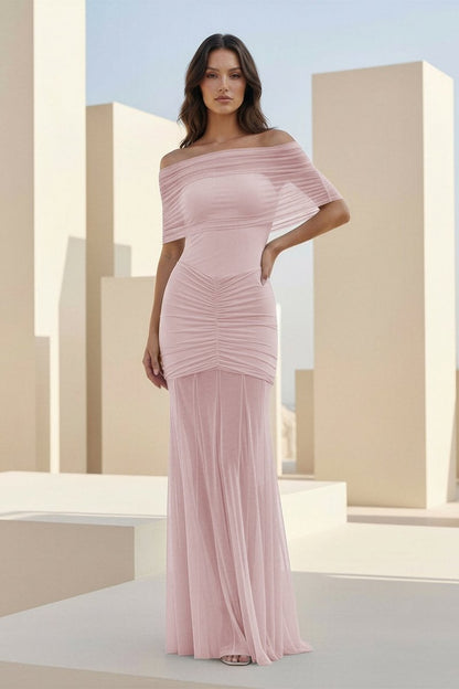 Red - Mermaid Off The Shoulder Ruched Tulle Long Prom Dresses