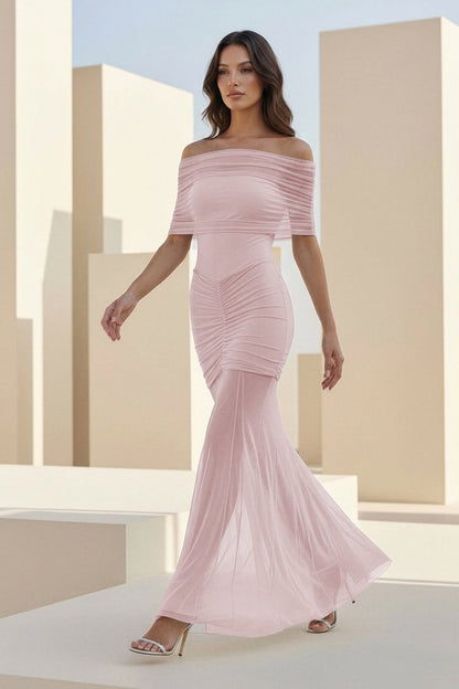 Red - Mermaid Off The Shoulder Ruched Tulle Long Prom Dresses