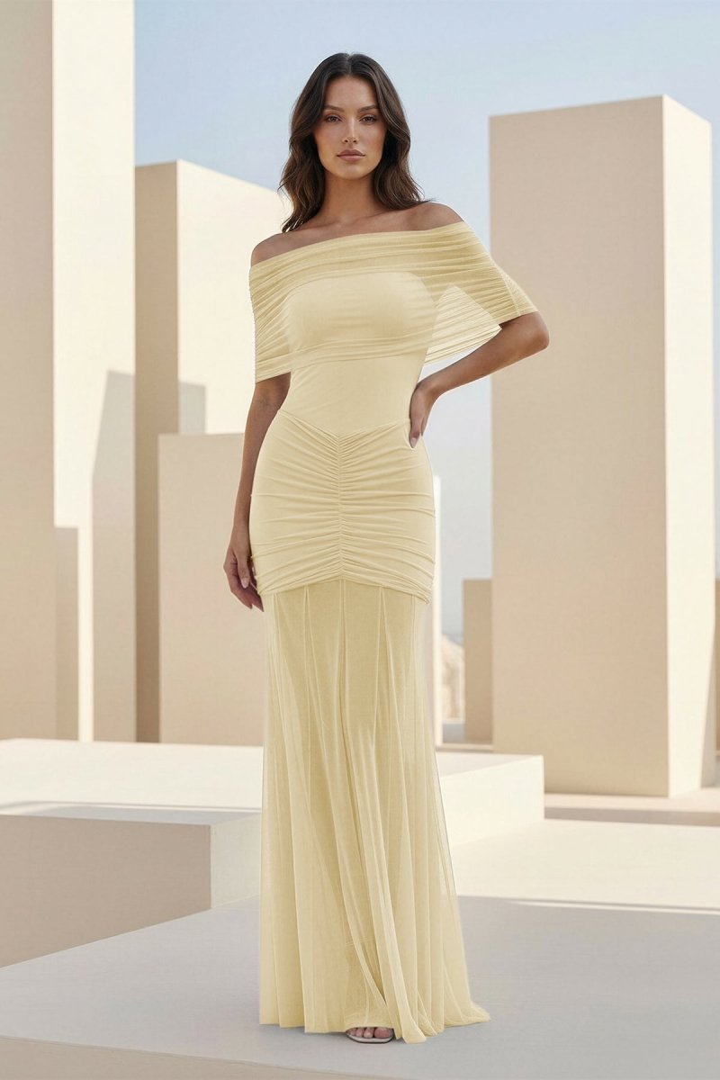 Red - Mermaid Off The Shoulder Ruched Tulle Long Prom Dresses