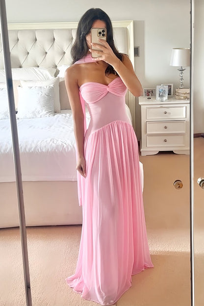 Pink - Strapless A Line Chiffon Pleated Long Prom Dresses
