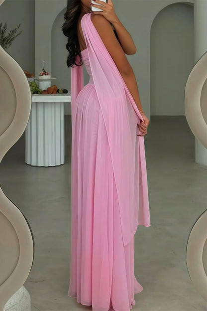 Pink - Strapless A Line Chiffon Pleated Long Prom Dresses