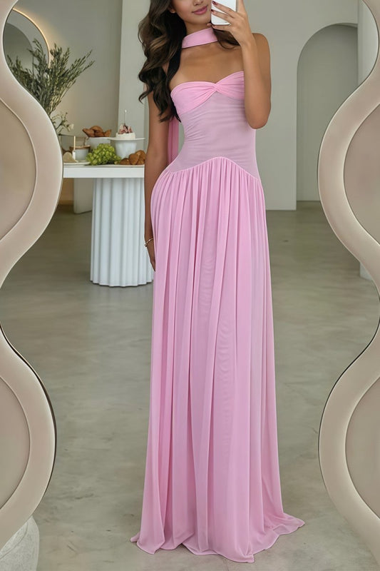 Pink - Strapless A Line Chiffon Pleated Long Prom Dresses