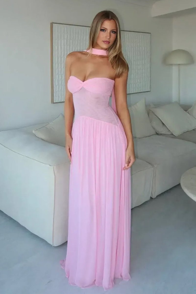 Pink - Strapless A Line Chiffon Pleated Long Prom Dresses