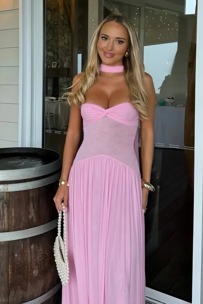 Pink - Strapless A Line Chiffon Pleated Long Prom Dresses