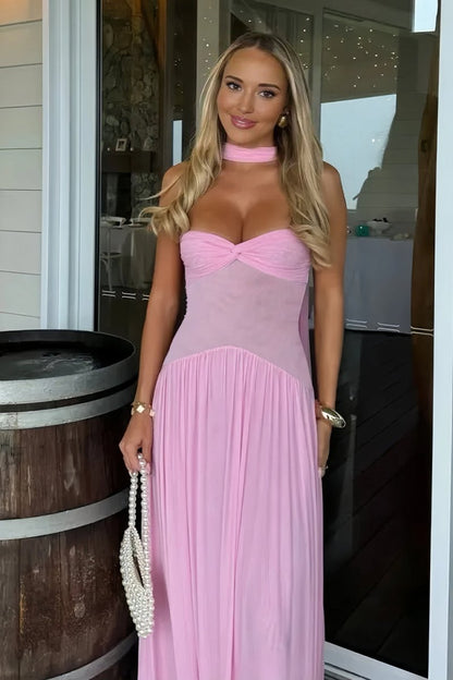 Pink - Strapless A Line Chiffon Pleated Long Prom Dresses