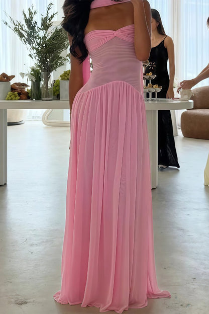 Pink - Strapless A Line Chiffon Pleated Long Prom Dresses