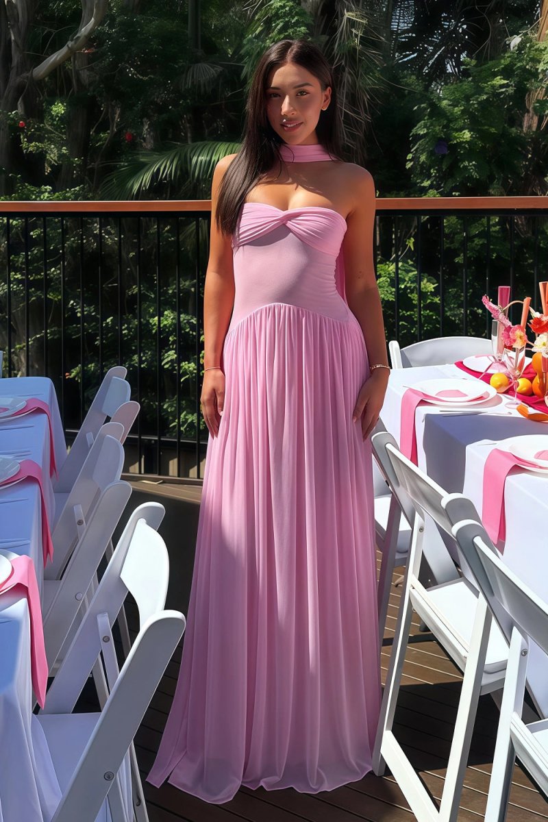 Pink - Strapless A Line Chiffon Pleated Long Prom Dresses