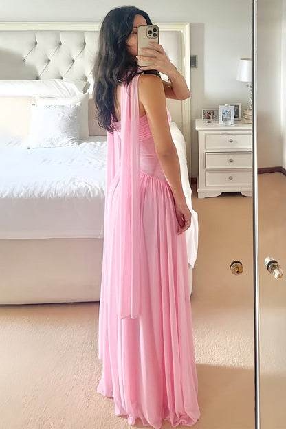 Pink - Strapless A Line Chiffon Pleated Long Prom Dresses