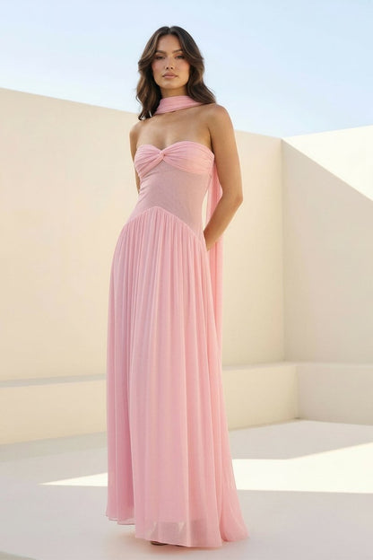 Pink - Strapless A Line Chiffon Pleated Long Prom Dresses