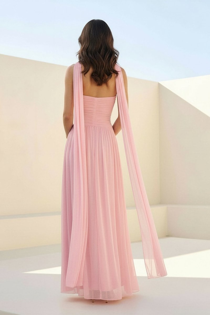 Pink - Strapless A Line Chiffon Pleated Long Prom Dresses