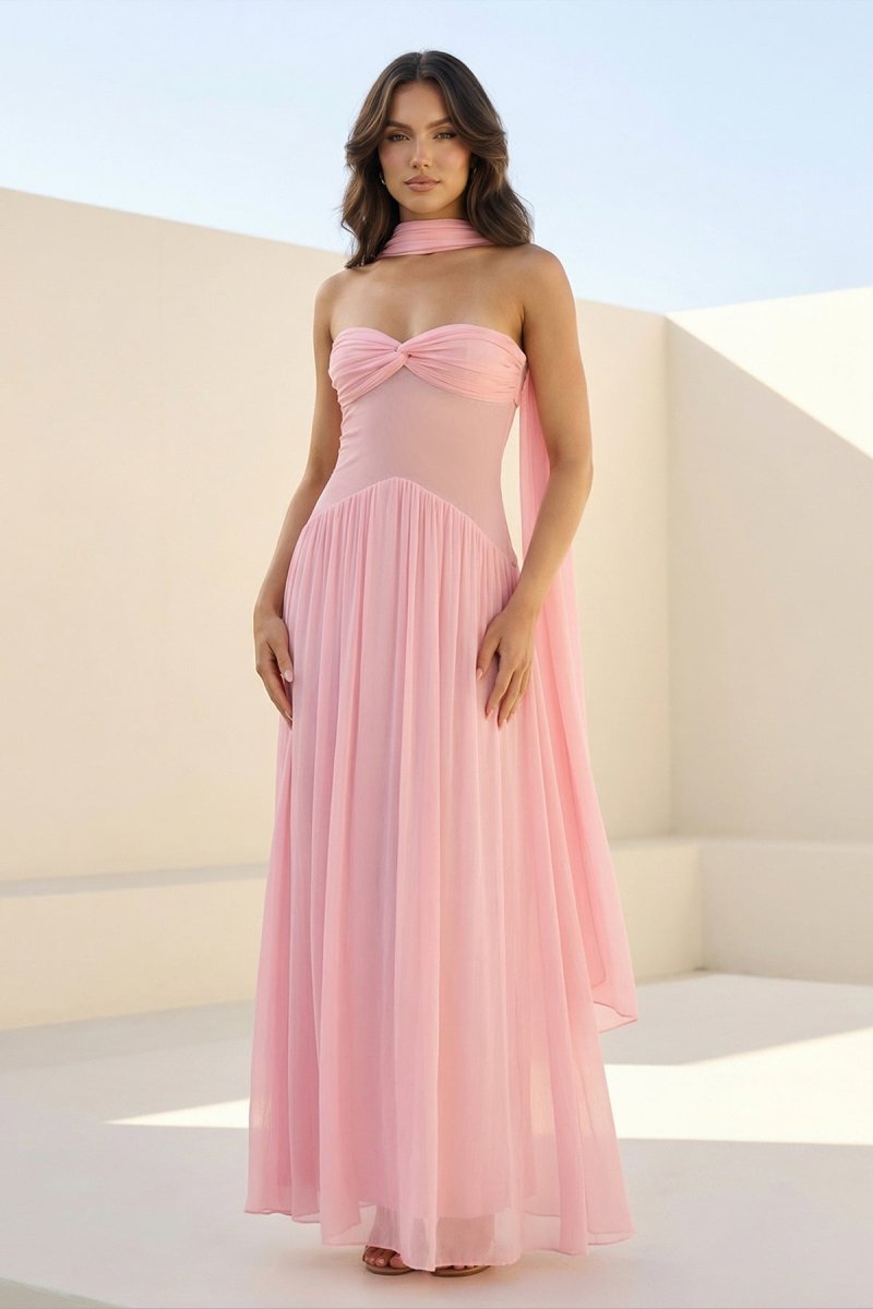 Pink - Strapless A Line Chiffon Pleated Long Prom Dresses