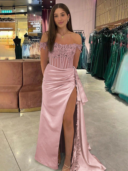 Off the Shoulder Satin Beaded Prom Dress With Appliques
