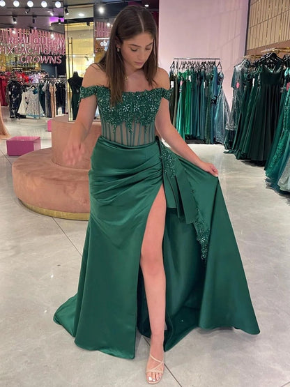 Off the Shoulder Satin Beaded Prom Dress With Appliques