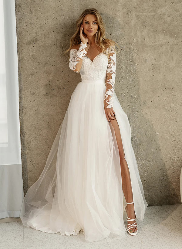 Lace Long Sleeves Wedding Dress Front Split
