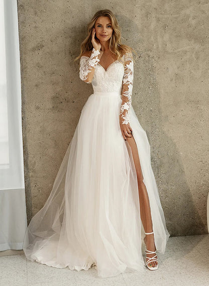 Lace Long Sleeves Wedding Dress Front Split