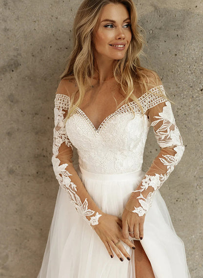 Lace Long Sleeves Wedding Dress Front Split