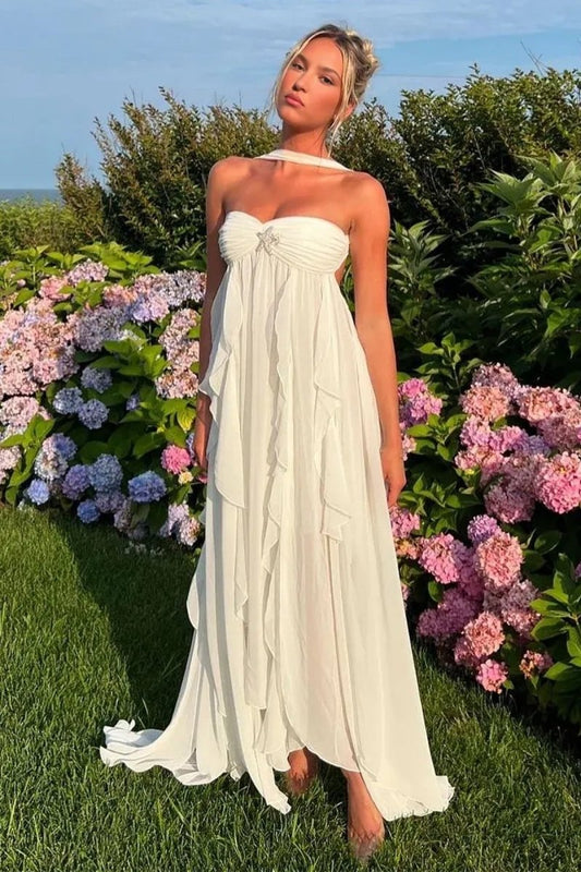 White - Strapless A Line Chiffon Pleated Long Prom Dresses With Ruffles