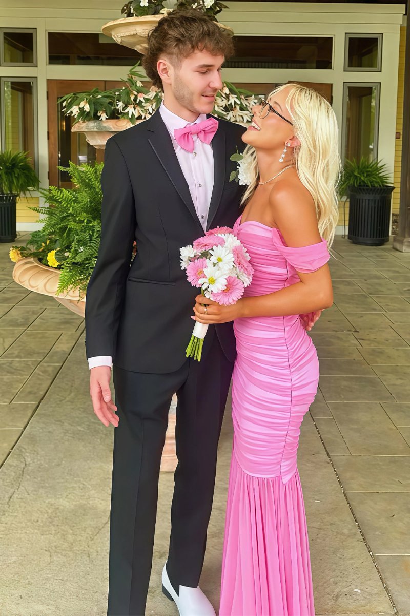 Off Shoulder Pink Ruched Long Prom Dress with Ruffle Hem