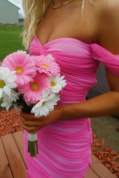 Off Shoulder Pink Ruched Long Prom Dress with Ruffle Hem