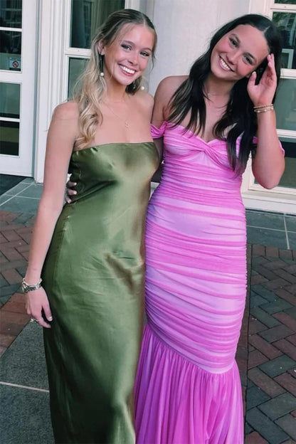 Off Shoulder Pink Ruched Long Prom Dress with Ruffle Hem