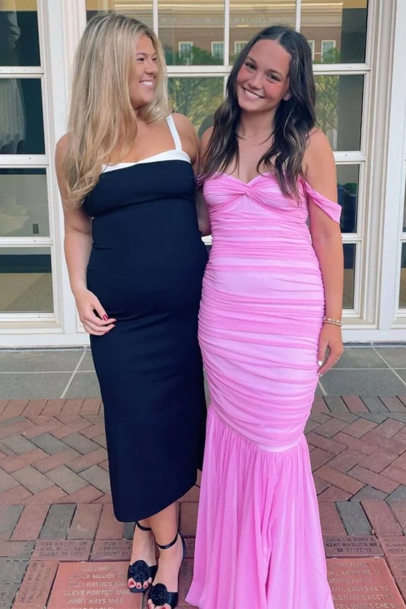 Off Shoulder Pink Ruched Long Prom Dress with Ruffle Hem
