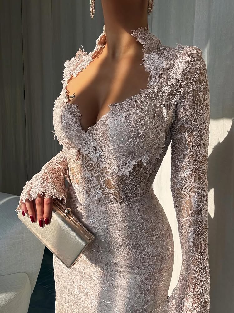 Square Neck Lace Long Sleeve Mermaid Slit Floor-Length Evening Dress