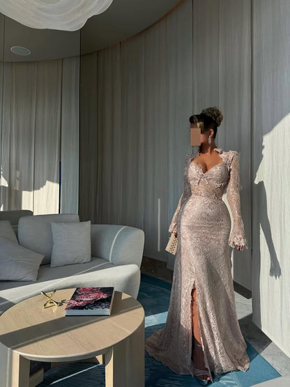 Square Neck Lace Long Sleeve Mermaid Slit Floor-Length Evening Dress