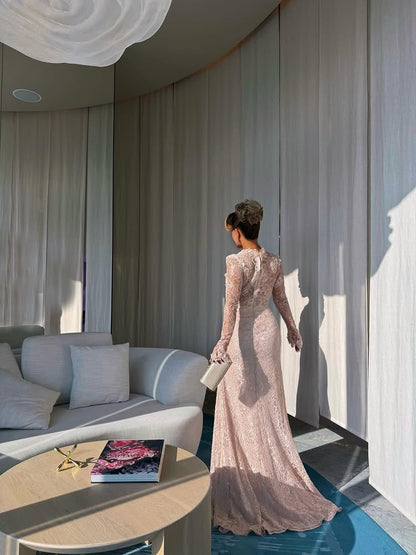 Square Neck Lace Long Sleeve Mermaid Slit Floor-Length Evening Dress