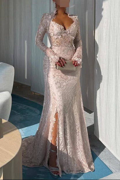 Square Neck Lace Long Sleeve Mermaid Slit Floor-Length Evening Dress