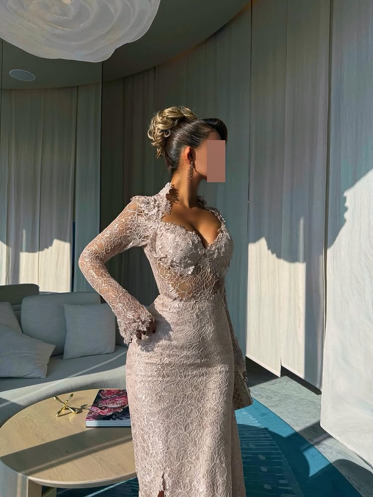 Square Neck Lace Long Sleeve Mermaid Slit Floor-Length Evening Dress