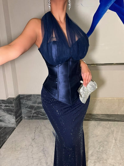 Tulle Halter Backless Sleeveless Mermaid Floor-length Evening Dress