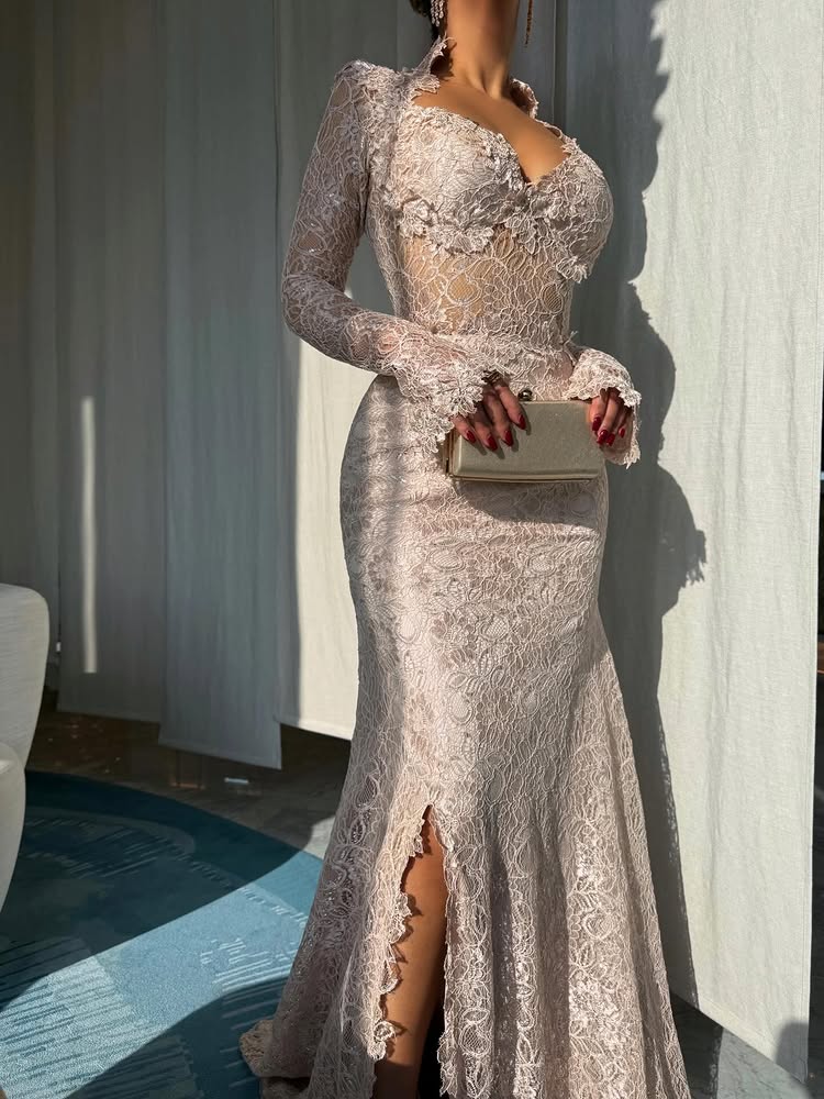 Square Neck Lace Long Sleeve Mermaid Slit Floor-Length Evening Dress