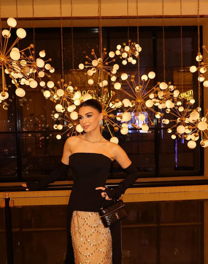 Detachable Long Sleeve Strapless Black Sequins Sparkle Evening Dress