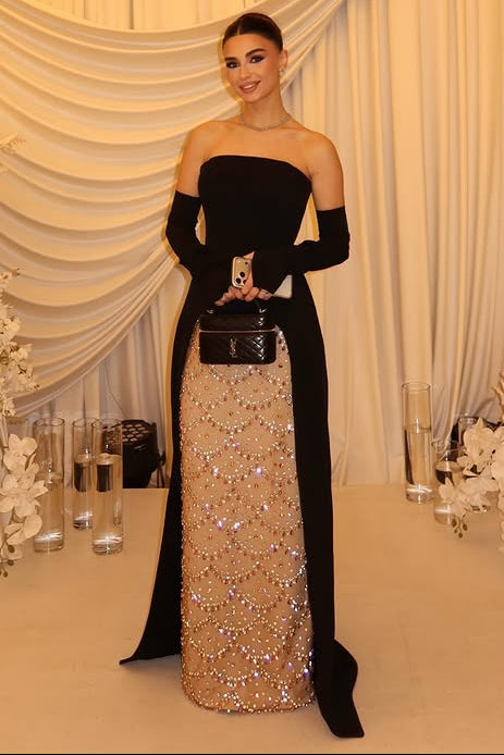 Detachable Long Sleeve Strapless Black Sequins Sparkle Evening Dress