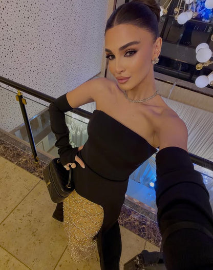 Detachable Long Sleeve Strapless Black Sequins Sparkle Evening Dress