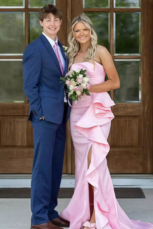 Pink - Mermaid Strapless Satin Ruffled Long Prom Dresses with Slit
