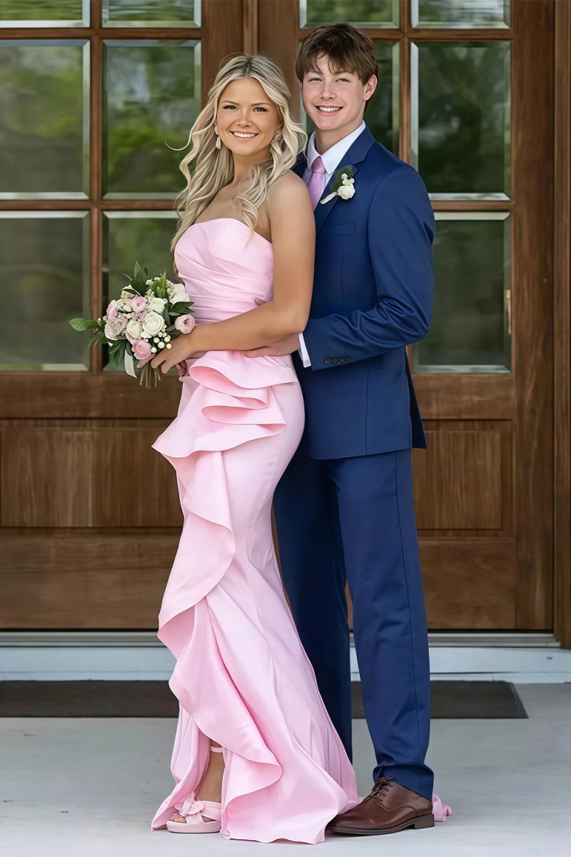 Pink - Mermaid Strapless Satin Ruffled Long Prom Dresses with Slit
